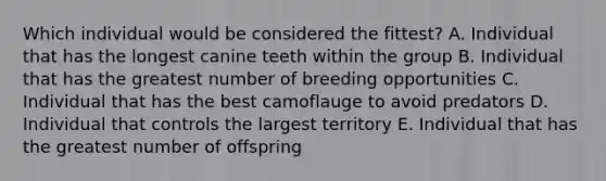 Which individual would be considered the fittest? A. Individual that has the longest canine teeth within the group B. Individual that has the greatest number of breeding opportunities C. Individual that has the best camoflauge to avoid predators D. Individual that controls the largest territory E. Individual that has the greatest number of offspring