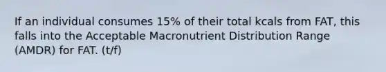 If an individual consumes 15% of their total kcals from FAT, this falls into the Acceptable Macronutrient Distribution Range (AMDR) for FAT. (t/f)