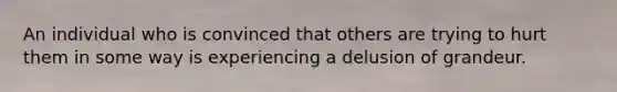 An individual who is convinced that others are trying to hurt them in some way is experiencing a delusion of grandeur.
