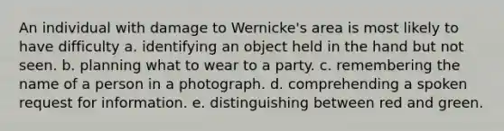 An individual with damage to Wernicke's area is most likely to have difficulty a. identifying an object held in the hand but not seen. b. planning what to wear to a party. c. remembering the name of a person in a photograph. d. comprehending a spoken request for information. e. distinguishing between red and green.