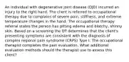 An individual with degenerative joint disease (DJD) incurred an injury to the right hand. The client is referred to occupational therapy due to complains of severe pain, stiffness, and extreme temperature changes in the hand. The occupational therapy referral states the person has pitting edema and blotchy, shinny skin. Based on a screening the OT determines that the client's presenting symptoms are consistent with the diagnosis of complex regional pain syndrome (CRPS) Type I. The occupational therapist completes the pain evaluation. What additional evaluation methods should the therapist use to assess this client?