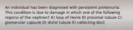 An individual has been diagnosed with persistent proteinuria. This condition is due to damage in which one of the following regions of the nephron? A) loop of Henle B) proximal tubule C) glomerular capsule D) distal tubule E) collecting duct