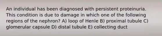 An individual has been diagnosed with persistent proteinuria. This condition is due to damage in which one of the following regions of the nephron? A) loop of Henle B) proximal tubule C) glomerular capsule D) distal tubule E) collecting duct