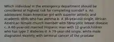 Which individual in the emergency department should be considered at highest risk for completing suicide? a. An adolescent Asian American girl with superior athletic and academic skills who has asthma b. A 38-year-old single, African American female church member with fibrocystic breast disease c. A 60-year-old married Hispanic man with 12 grandchildren who has type 2 diabetes d. A 79-year-old single, white male diagnosed recently with terminal cancer of the prostate