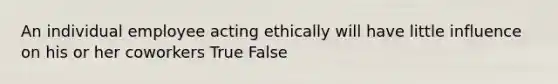 An individual employee acting ethically will have little influence on his or her coworkers True False