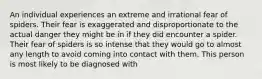 An individual experiences an extreme and irrational fear of spiders. Their fear is exaggerated and disproportionate to the actual danger they might be in if they did encounter a spider. Their fear of spiders is so intense that they would go to almost any length to avoid coming into contact with them. This person is most likely to be diagnosed with