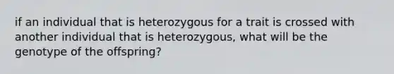 if an individual that is heterozygous for a trait is crossed with another individual that is heterozygous, what will be the genotype of the offspring?