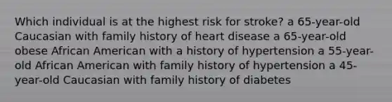 Which individual is at the highest risk for stroke? a 65-year-old Caucasian with family history of heart disease a 65-year-old obese African American with a history of hypertension a 55-year-old African American with family history of hypertension a 45-year-old Caucasian with family history of diabetes