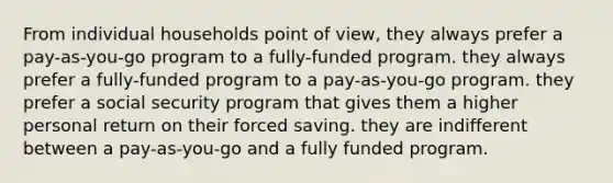 From individual households point of view, they always prefer a pay-as-you-go program to a fully-funded program. they always prefer a fully-funded program to a pay-as-you-go program. they prefer a social security program that gives them a higher personal return on their forced saving. they are indifferent between a pay-as-you-go and a fully funded program.