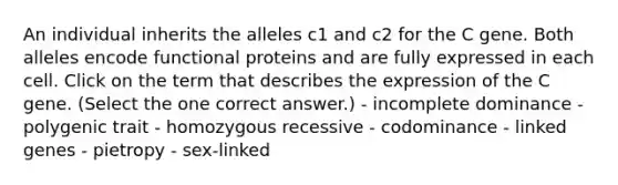 An individual inherits the alleles c1 and c2 for the C gene. Both alleles encode functional proteins and are fully expressed in each cell. Click on the term that describes the expression of the C gene. (Select the one correct answer.) - incomplete dominance - polygenic trait - homozygous recessive - codominance - linked genes - pietropy - sex-linked