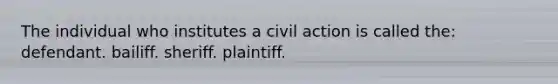 The individual who institutes a civil action is called the: defendant. bailiff. sheriff. plaintiff.