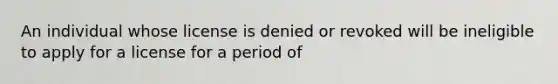 An individual whose license is denied or revoked will be ineligible to apply for a license for a period of