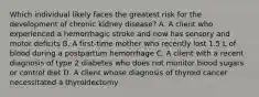 Which individual likely faces the greatest risk for the development of chronic kidney disease? A. A client who experienced a hemorrhagic stroke and now has sensory and motor deficits B. A first-time mother who recently lost 1.5 L of blood during a postpartum hemorrhage C. A client with a recent diagnosis of type 2 diabetes who does not monitor blood sugars or control diet D. A client whose diagnosis of thyroid cancer necessitated a thyroidectomy