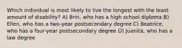 Which individual is most likely to live the longest with the least amount of disability? A) Brin, who has a high school diploma B) Ellen, who has a two-year postsecondary degree C) Beatrice, who has a four-year postsecondary degree D) Juanita, who has a law degree