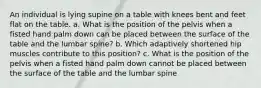 An individual is lying supine on a table with knees bent and feet flat on the table. a. What is the position of the pelvis when a fisted hand palm down can be placed between the surface of the table and the lumbar spine? b. Which adaptively shortened hip muscles contribute to this position? c. What is the position of the pelvis when a fisted hand palm down cannot be placed between the surface of the table and the lumbar spine