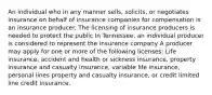 An individual who in any manner sells, solicits, or negotiates insurance on behalf of insurance companies for compensation is an insurance producer. The licensing of insurance producers is needed to protect the public In Tennessee, an individual producer is considered to represent the insurance company A producer may apply for one or more of the following licenses: Life insurance, accident and health or sickness insurance, property insurance and casualty insurance, variable life insurance, personal lines property and casualty insurance, or credit limited line credit insurance.