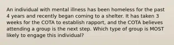 An individual with mental illness has been homeless for the past 4 years and recently began coming to a shelter. It has taken 3 weeks for the COTA to establish rapport, and the COTA believes attending a group is the next step. Which type of group is MOST likely to engage this individual?