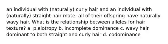 an individual with (naturally) curly hair and an individual with (naturally) straight hair mate: all of their offspring have naturally wavy hair. What is the relationship between alleles for hair texture? a. pleiotropy b. incomplete dominance c. wavy hair dominant to both straight and curly hair d. codominance