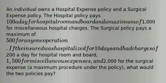 An individual owns a Hospital Expense policy and a Surgical Expense policy. The Hospital policy pays 100 a day for hospital room and board and a maximum of1,000 for miscellaneous hospital charges. The Surgical policy pays a maximum of 500 for any one operation. If the insured was hospitalized for 10 days and had charges of200 a day for hospital room and board, 1,500 for miscellaneous expenses, and2,000 for the surgical expense (a maximum procedure under the policy), what would the two policies pay?