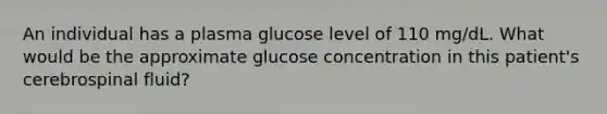 An individual has a plasma glucose level of 110 mg/dL. What would be the approximate glucose concentration in this patient's cerebrospinal fluid?