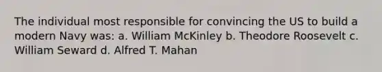 The individual most responsible for convincing the US to build a modern Navy was: a. William McKinley b. Theodore Roosevelt c. William Seward d. Alfred T. Mahan