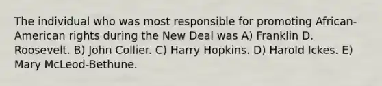 The individual who was most responsible for promoting African-American rights during the New Deal was A) Franklin D. Roosevelt. B) John Collier. C) Harry Hopkins. D) Harold Ickes. E) Mary McLeod-Bethune.