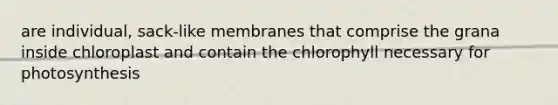 are individual, sack-like membranes that comprise the grana inside chloroplast and contain the chlorophyll necessary for photosynthesis