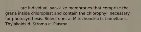 _______ are individual, sack-like membranes that comprise the grana inside chloroplast and contain the chlorophyll necessary for photosynthesis. Select one: a. Mitochondria b. Lamellae c. Thylakoids d. Stroma e. Plasma