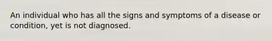 An individual who has all the signs and symptoms of a disease or condition, yet is not diagnosed.