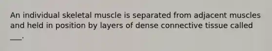 An individual skeletal muscle is separated from adjacent muscles and held in position by layers of dense connective tissue called ___.