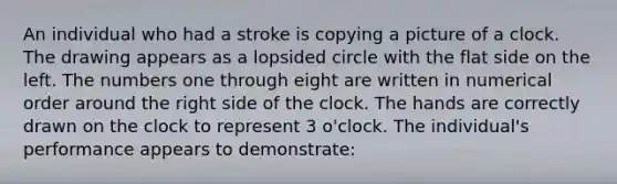 An individual who had a stroke is copying a picture of a clock. The drawing appears as a lopsided circle with the flat side on the left. The numbers one through eight are written in numerical order around the right side of the clock. The hands are correctly drawn on the clock to represent 3 o'clock. The individual's performance appears to demonstrate: