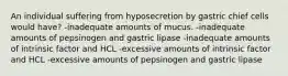 An individual suffering from hyposecretion by gastric chief cells would have? -inadequate amounts of mucus. -inadequate amounts of pepsinogen and gastric lipase -inadequate amounts of intrinsic factor and HCL -excessive amounts of intrinsic factor and HCL -excessive amounts of pepsinogen and gastric lipase