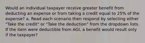 Would an individual taxpayer receive greater benefit from deducting an expense or from taking a credit equal to 25% of the expense? a. Read each scenario then respond by selecting either "Take the credit" or "Take the deduction" from the dropdown lists. If the item were deductible from AGI, a benefit would result only if the taxpayer?