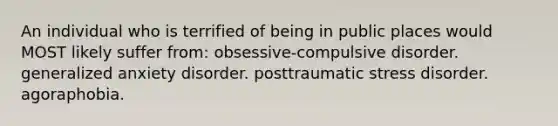 An individual who is terrified of being in public places would MOST likely suffer from: obsessive-compulsive disorder. generalized anxiety disorder. posttraumatic stress disorder. agoraphobia.