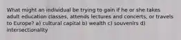 What might an individual be trying to gain if he or she takes adult education classes, attends lectures and concerts, or travels to Europe? a) cultural capital b) wealth c) souvenirs d) intersectionality