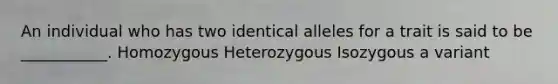 An individual who has two identical alleles for a trait is said to be ___________. Homozygous Heterozygous Isozygous a variant