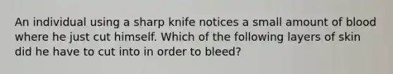 An individual using a sharp knife notices a small amount of blood where he just cut himself. Which of the following layers of skin did he have to cut into in order to bleed?