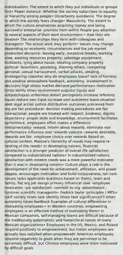Individualism: The extent to which they put individuals or groups first• Power distance: Whether the society subscribes to equality or hierarchy among people• Uncertainty avoidance: The degree to which the society fears change• Masculinity: The extent to which the culture emphasizes acquiring money and being successful enterprise- promote from within People pay attention to several aspects of their work environment:• How they are treated• The relationships they form with colleagues and managers• The actual work they perform• Values may change depending on economic circumstances and the job market production deviance- leaving early, excessive breaks, working slow, wasting resources property- sabotage equiptment, kickbacks, lying about house, stealing company property political- favoritism, gossiping, blaming others, competing personal- sexual harrassment, verbal attacks, stealing, endangering coworker why do employees leave? lack of fairness and positive atmosphere feedback, autonomy, involvement in decisions high stress market demand performance= motivation times ability times environment outputs/ inputs and outputs/inputs unfairness distort perceptions increase referents inputs reduce own input increase own outcomes leave situation seek legal action justice distributive- outcomes precieved from org are fair procedural- decision making procedures are fair interactional- people are treated with respect, kindness, dignity expectancy- proper skills and knowledge, environment facilitates eprformnce, employees effort makes a difference instrumentality- reward, inform about rewards, eliminate non performance influence over rewards valence- rewards desirable, rewards are fair, employee choice over rewards Based on cultural context, Maslow's hierarchy of needs may require re-ranking of the needs• In developing nations, financial satisfaction is a stronger predictor of overall life satisfaction compared to industrialized nations• In industrialized nations, satisfaction with esteem needs was a more powerful motivator than it was in developing nations• Culture plays a role in the development of the need for achievement, affiliation, and power zappos- encourages motivation and build inclusiveness, ten core values (asks applicants questions based on them), team and family, flat org job design primary influencer over -employee motivation -job satisfaction -committ to org -absenteeism -turnover scientific managemtn- fredrick taylor (principles ) MPS= (skill variety times task identity times task significance)/3 times autonomy times feedback Examples of cultural differences in motivating employees:• In Western countries, empowering employees is an effective method of motivating them• In Mexican companies, self-managing teams are difficult because of the traditionally paternalistic and hierarchical nature of many Mexican organizations• Employees in the US, Mexico, and Poland respond positively to empowerment, but Indian employees are actually less satisfied when empowered• American employees respond negatively to goals when they are perceived to be extremely difficult, but Chinese employees were more motivated by difficult goals