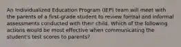 An Individualized Education Program (IEP) team will meet with the parents of a first-grade student to review formal and informal assessments conducted with their child. Which of the following actions would be most effective when communicating the student's test scores to parents?