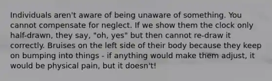 Individuals aren't aware of being unaware of something. You cannot compensate for neglect. If we show them the clock only half-drawn, they say, "oh, yes" but then cannot re-draw it correctly. Bruises on the left side of their body because they keep on bumping into things - if anything would make them adjust, it would be physical pain, but it doesn't!