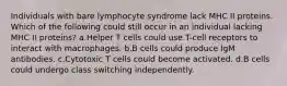 Individuals with bare lymphocyte syndrome lack MHC II proteins. Which of the following could still occur in an individual lacking MHC II proteins? a.Helper T cells could use T-cell receptors to interact with macrophages. b.B cells could produce IgM antibodies. c.Cytotoxic T cells could become activated. d.B cells could undergo class switching independently.