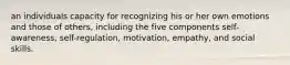 an individuals capacity for recognizing his or her own emotions and those of others, including the five components self-awareness, self-regulation, motivation, empathy, and social skills.