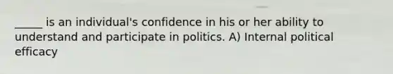 _____ is an individual's confidence in his or her ability to understand and participate in politics. A) Internal political efficacy