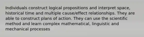 Individuals construct logical propositions and interpret space, historical time and multiple cause/effect relationships. They are able to construct plans of action. They can use the scientific method and learn complex mathematical, linguistic and mechanical processes