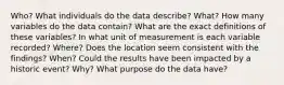 Who? What individuals do the data describe? What? How many variables do the data contain? What are the exact definitions of these variables? In what unit of measurement is each variable recorded? Where? Does the location seem consistent with the findings? When? Could the results have been impacted by a historic event? Why? What purpose do the data have?