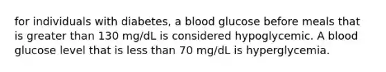 for individuals with diabetes, a blood glucose before meals that is greater than 130 mg/dL is considered hypoglycemic. A blood glucose level that is less than 70 mg/dL is hyperglycemia.