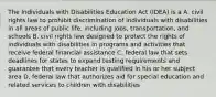 The Individuals with Disabilities Education Act (IDEA) is a A. civil rights law to prohibit discrimination of individuals with disabilities in all areas of public life, including jobs, transportation, and schools B. civil rights law designed to protect the rights of individuals with disabilities in programs and activities that receive federal financial assistance C. federal law that sets deadlines for states to expand testing requirements and guarantee that every teacher is qualified in his or her subject area D. federal law that authorizes aid for special education and related services to children with disabilities