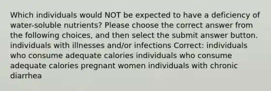 Which individuals would NOT be expected to have a deficiency of water-soluble nutrients? Please choose the correct answer from the following choices, and then select the submit answer button. individuals with illnesses and/or infections Correct: individuals who consume adequate calories individuals who consume adequate calories pregnant women individuals with chronic diarrhea