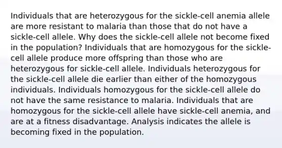 Individuals that are heterozygous for the sickle-cell anemia allele are more resistant to malaria than those that do not have a sickle-cell allele. Why does the sickle-cell allele not become fixed in the population? Individuals that are homozygous for the sickle-cell allele produce more offspring than those who are heterozygous for sickle-cell allele. Individuals heterozygous for the sickle-cell allele die earlier than either of the homozygous individuals. Individuals homozygous for the sickle-cell allele do not have the same resistance to malaria. Individuals that are homozygous for the sickle-cell allele have sickle-cell anemia, and are at a fitness disadvantage. Analysis indicates the allele is becoming fixed in the population.