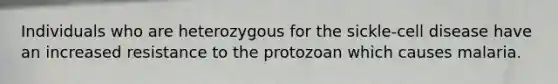 Individuals who are heterozygous for the sickle-cell disease have an increased resistance to the protozoan which causes malaria.